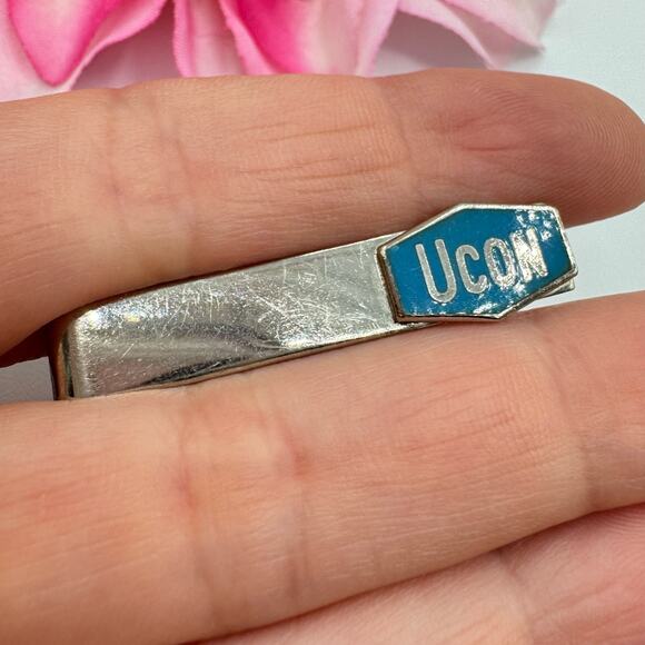 Vintage UCON Tie Bar Clasp Clip Company Advertising Logo Collectible Blue White - Picture 2 of 9